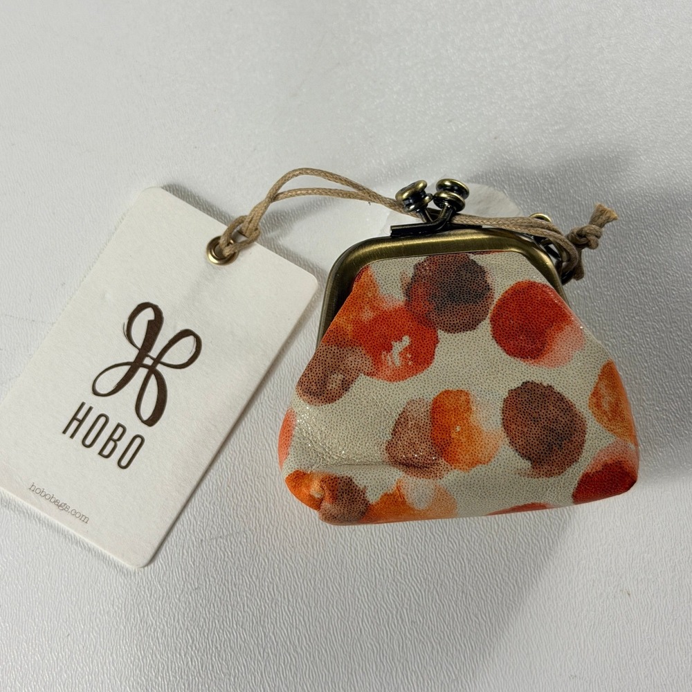 Hobo Leather Kiss Lock Coin Purse Orange Cream Polka Dot Keychain Pouch - Picture 2 of 8